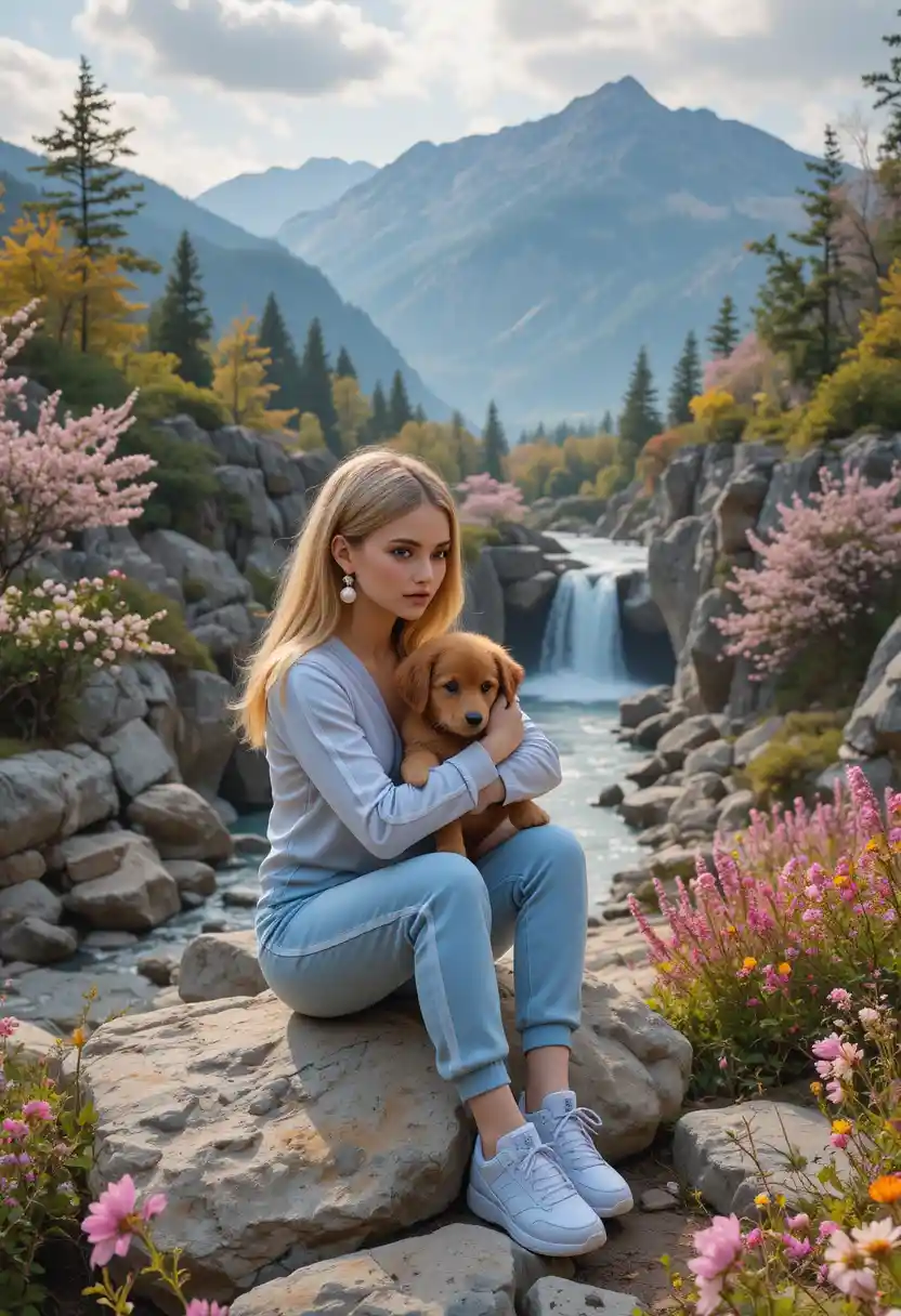 Niña con cachorro junto al río primaveral en los Montes Tatras