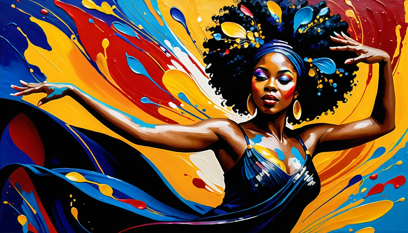 Mujer pintada y elegante bailando en arte impasto vibrante