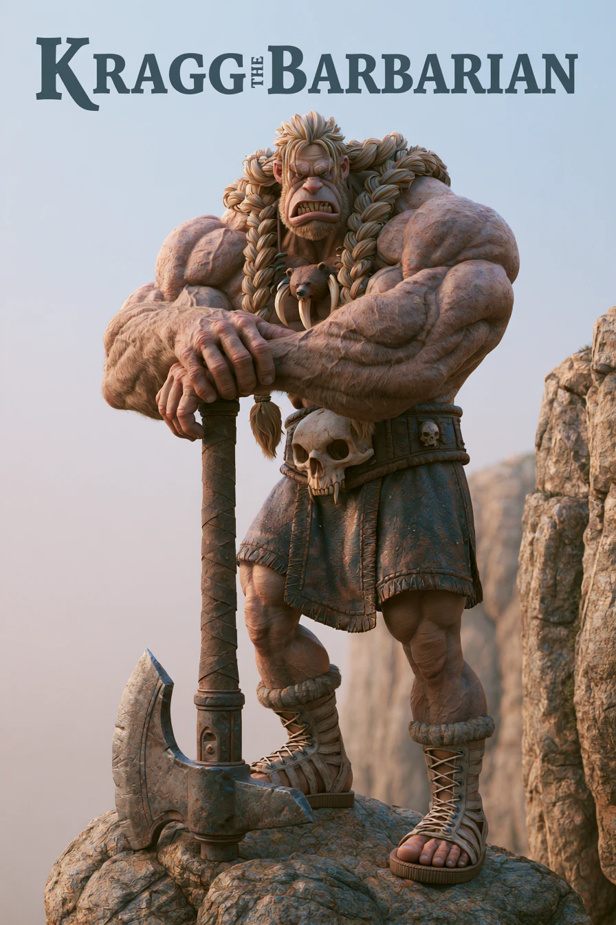 Muscular barbarian warrior on a cliff with battle axe