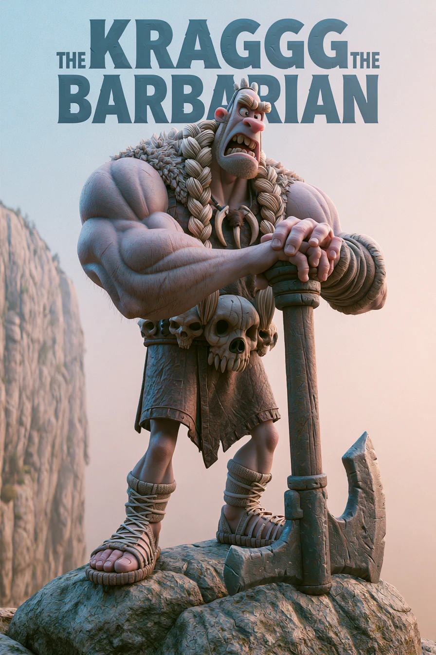 Muscular barbarian warrior on a rocky cliff with battle axe
