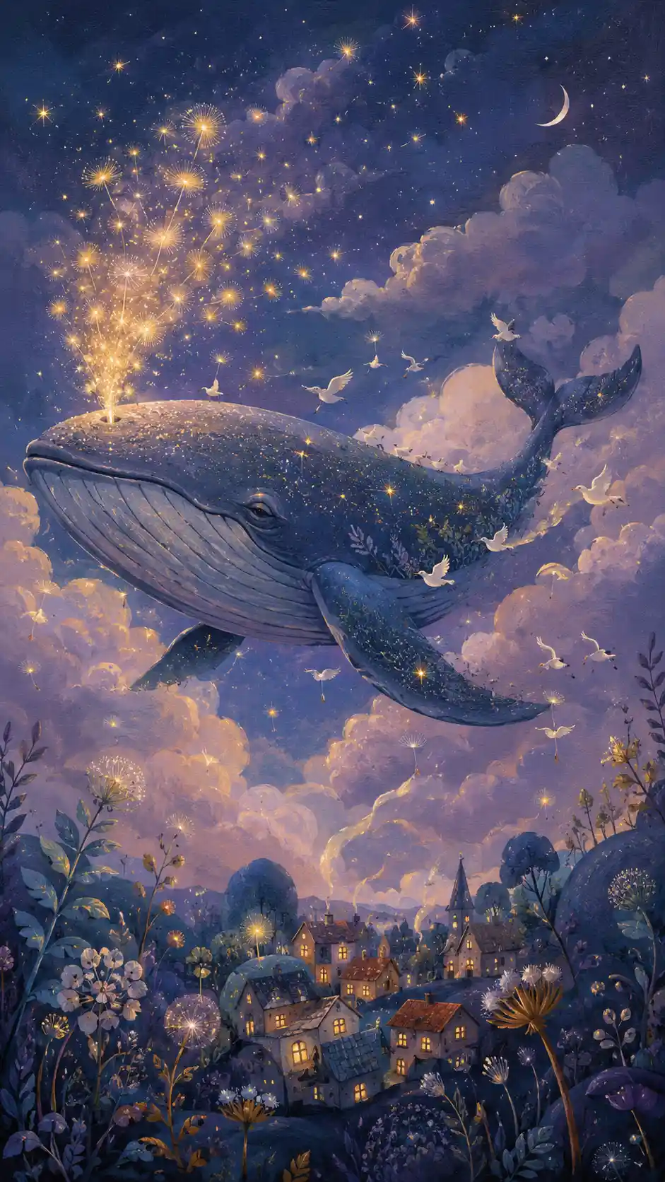 Ballena celestial flotando entre nubes crepusculares sobre aldeas