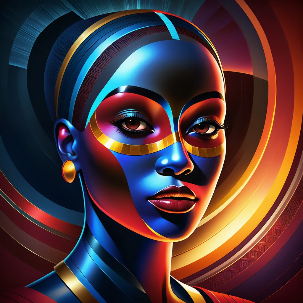 Afro cubist portrait of a woman with fractured masklike face