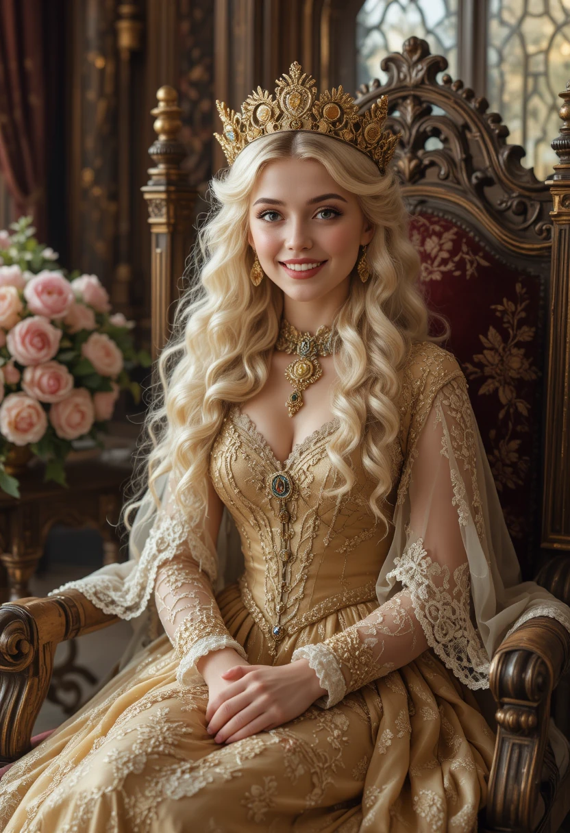 Chica rubia con tiara dorada sentada en un sillón de palacio