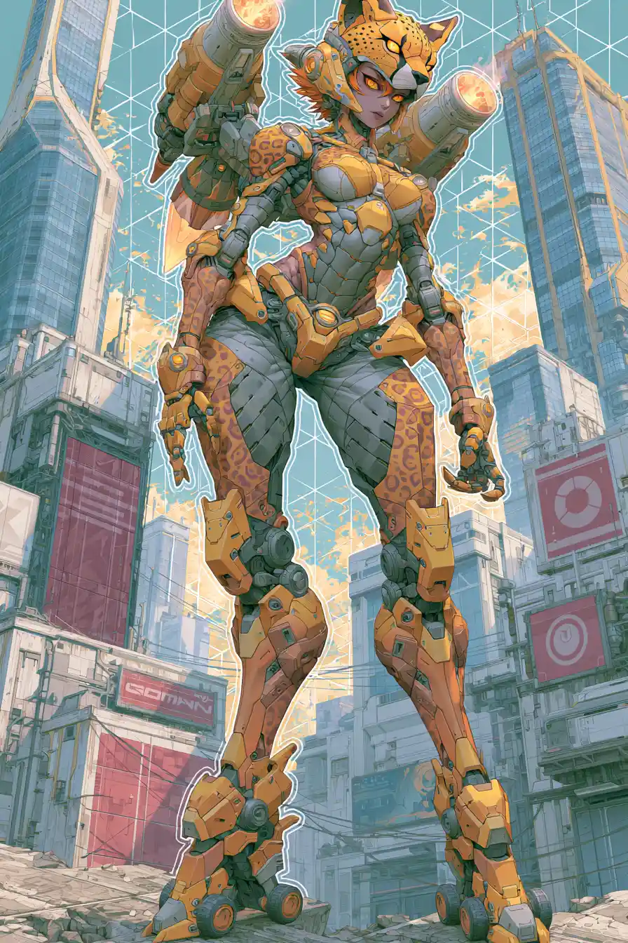 Tall armored anime woman in a cheetah themed mech suit