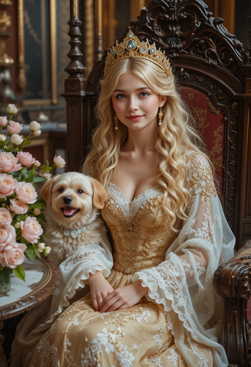 Princesa rubia con vestido dorado en el interior de un palacio