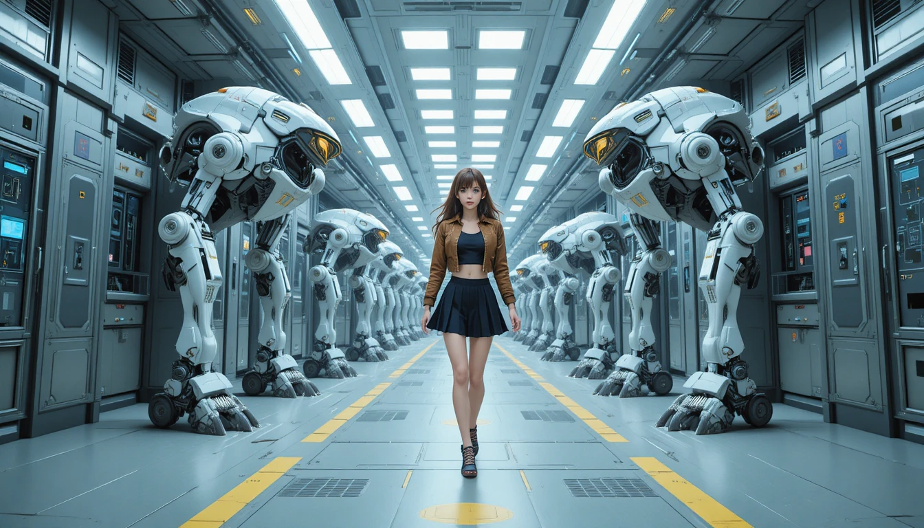 Heroína de anime caminando con robots en un pasillo de ciencia ficción