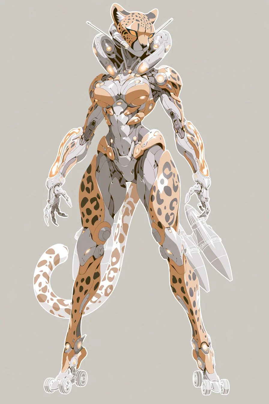 Tall anime woman in cheetah themed sci fi mech armor