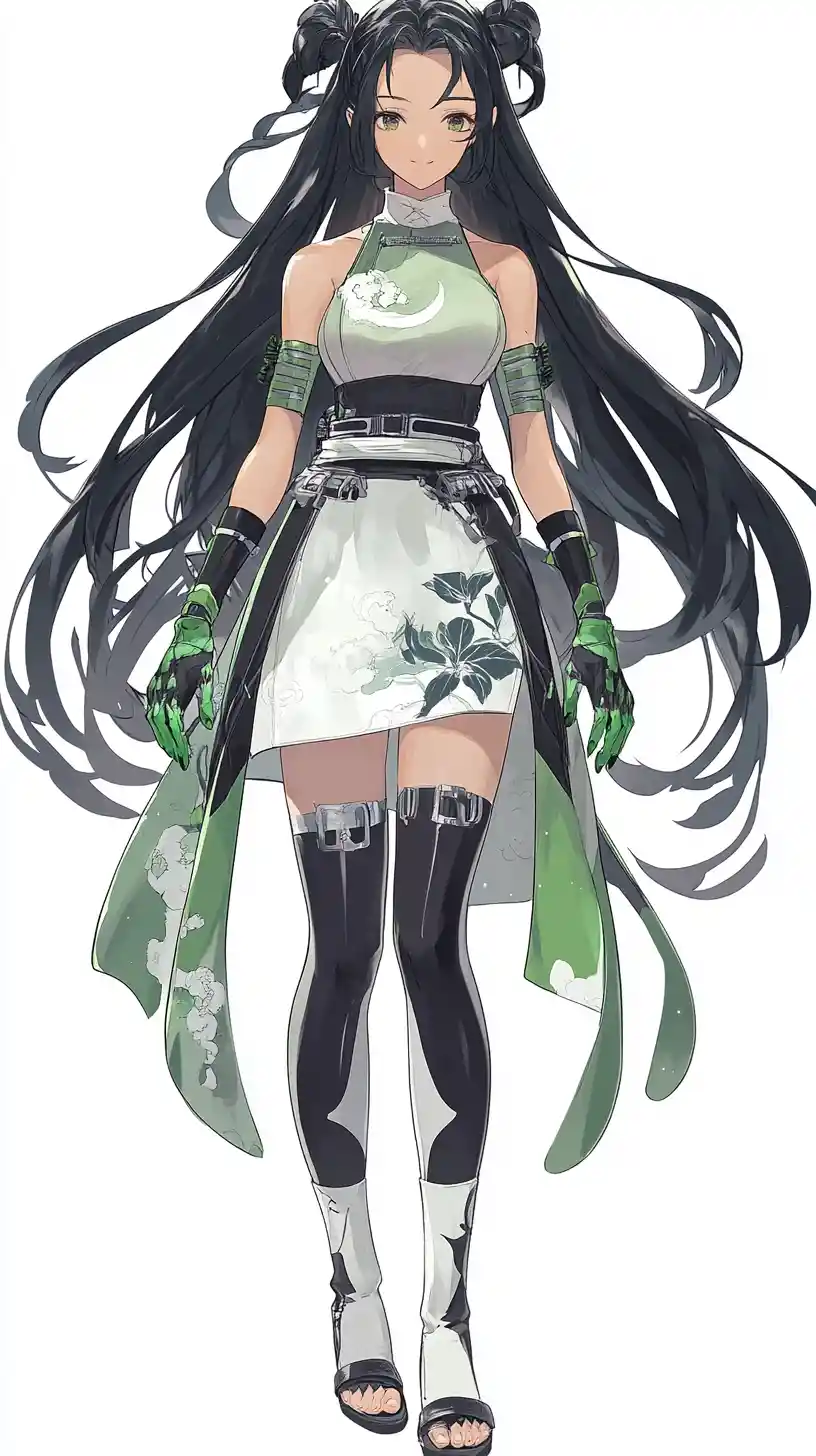 Fille d’anime avec jupe céleste et haut vert à motifs