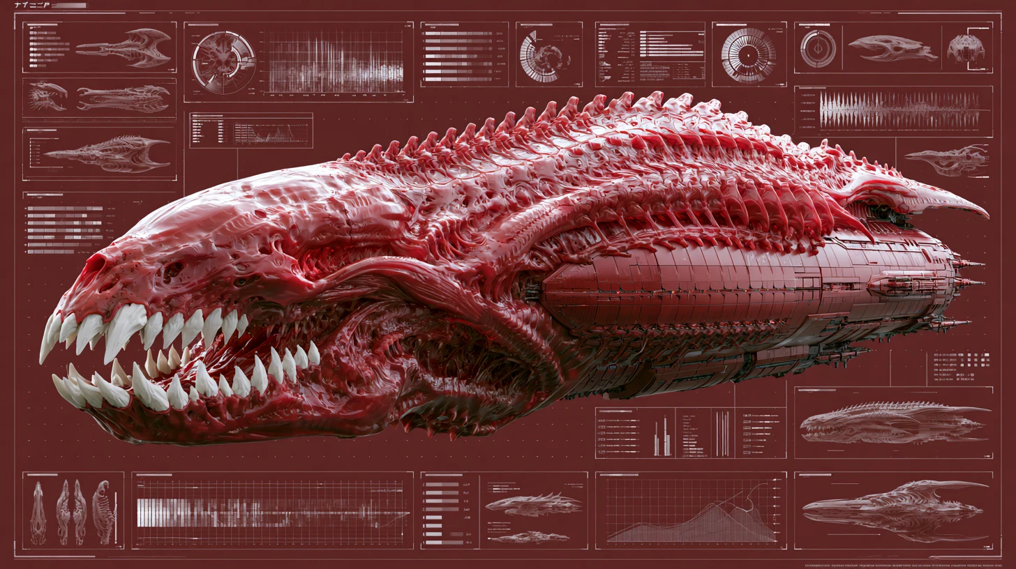 Alien skull space destroyer with organic armored hull