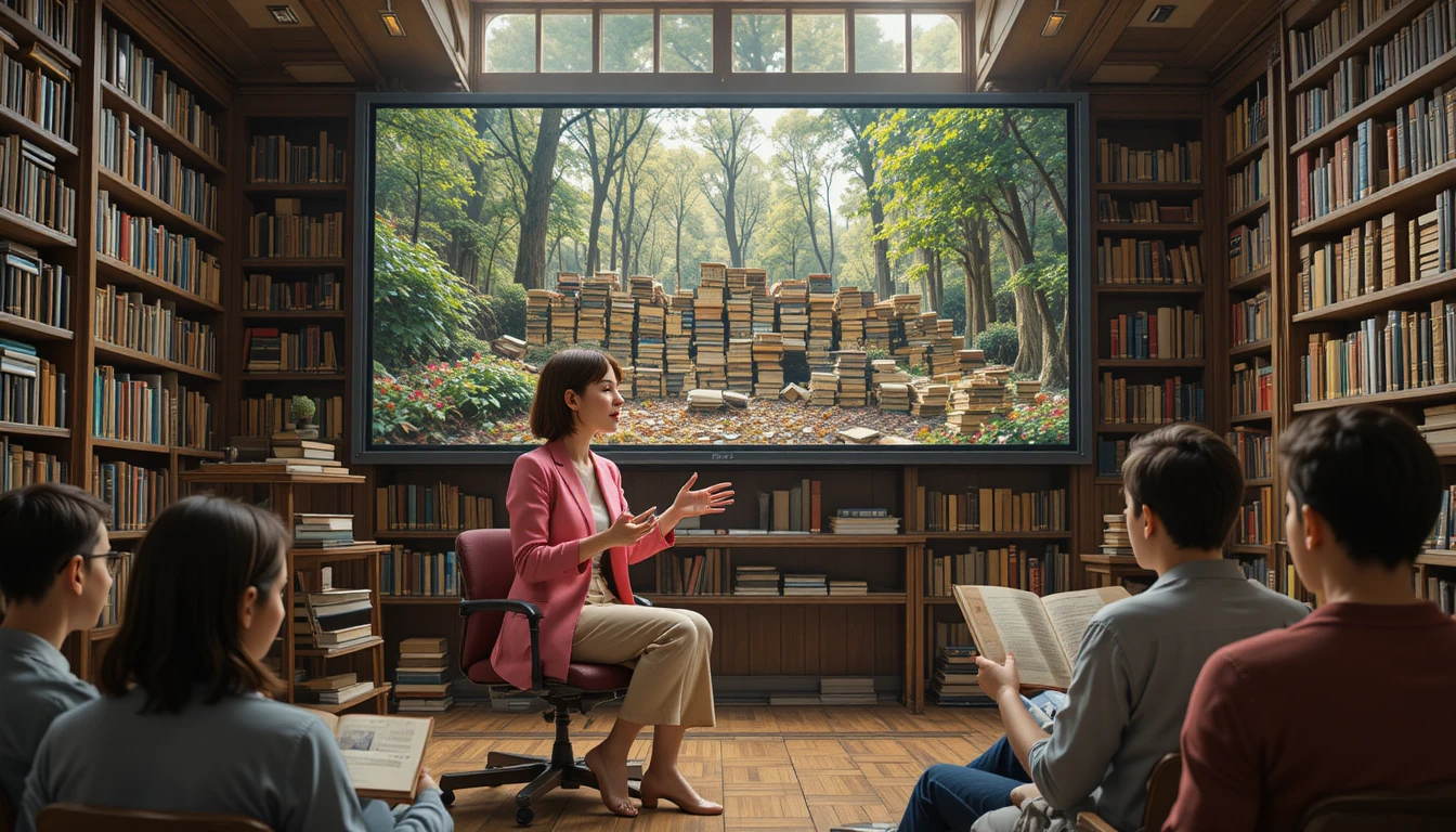 Mujer presentando en una acogedora biblioteca con estanterías
