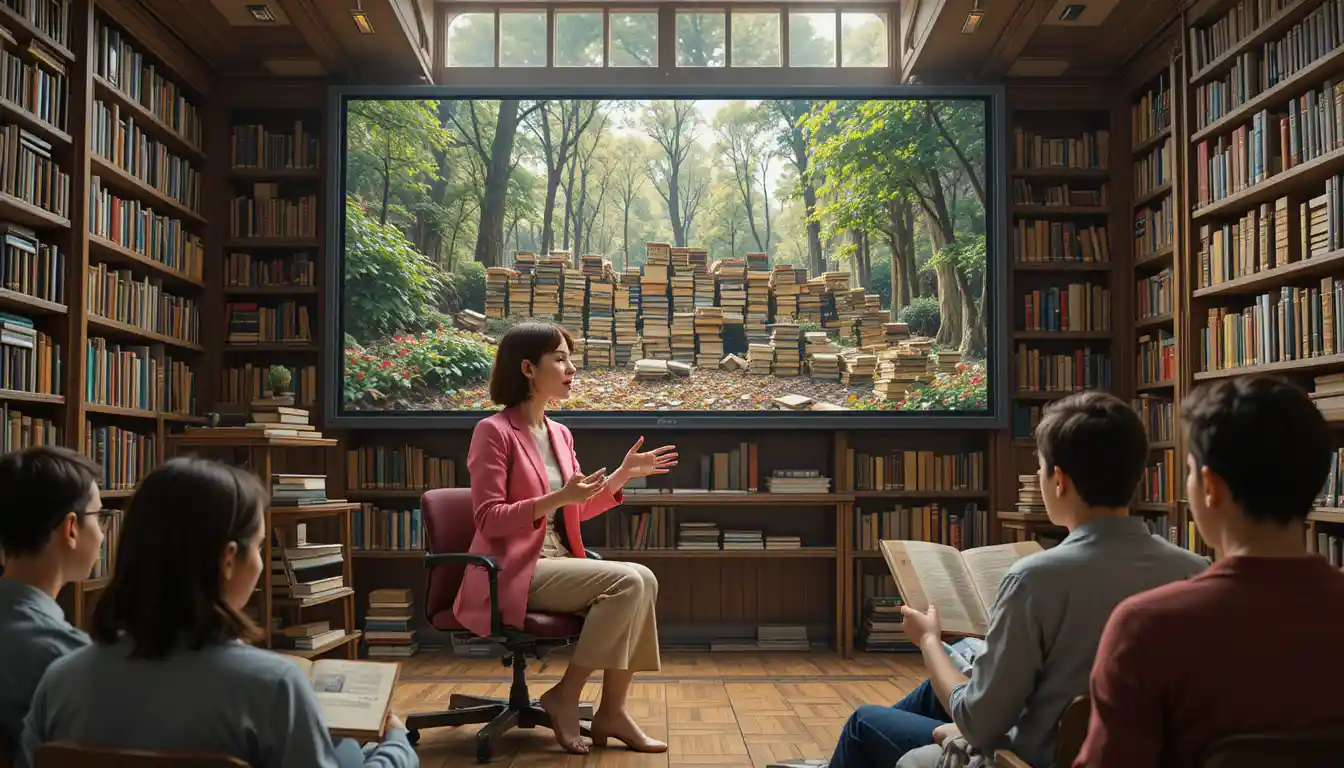 Mujer presentando en una acogedora biblioteca con estanterías