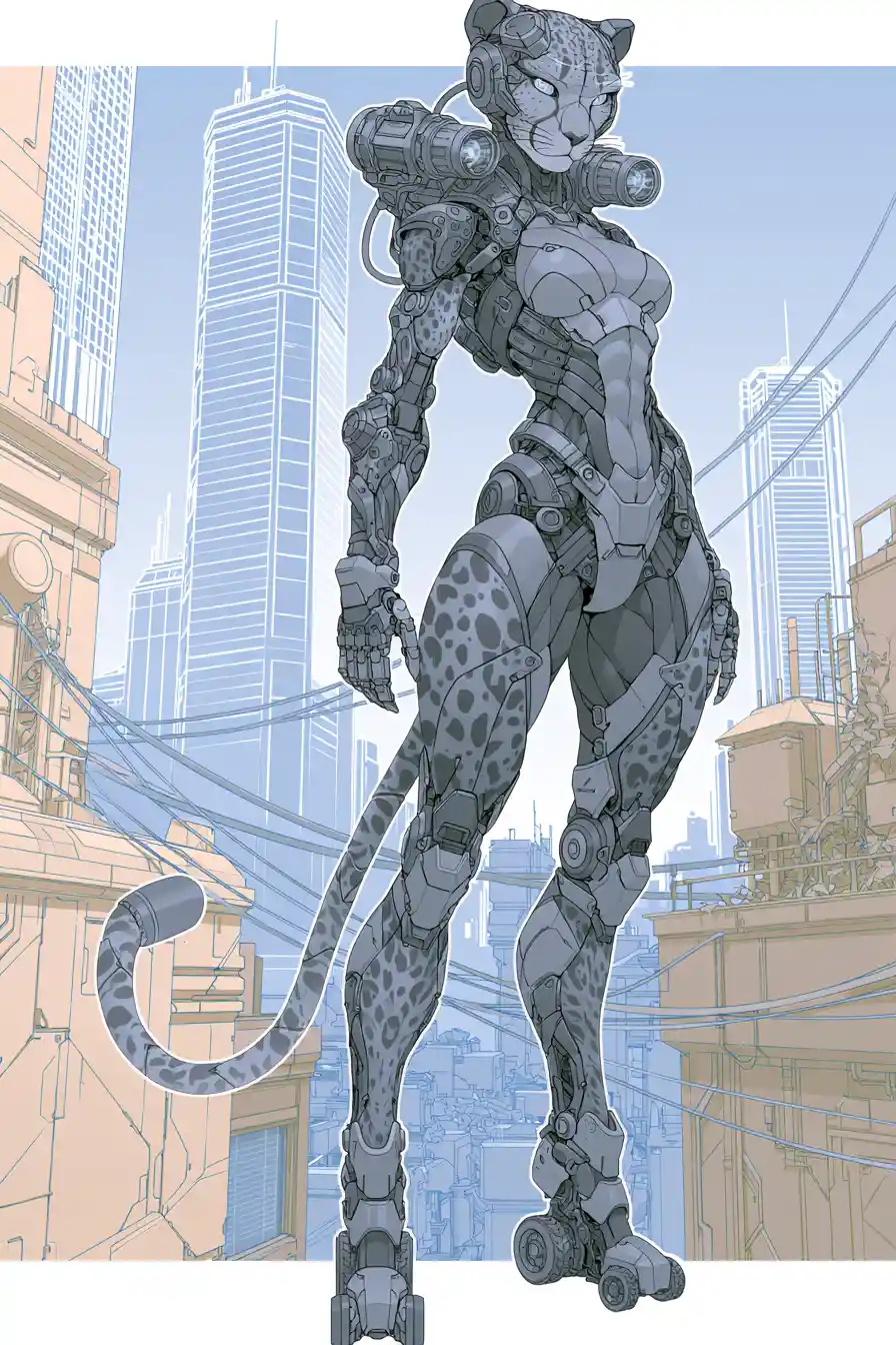 Tall armored anime woman in a cheetah themed mech suit