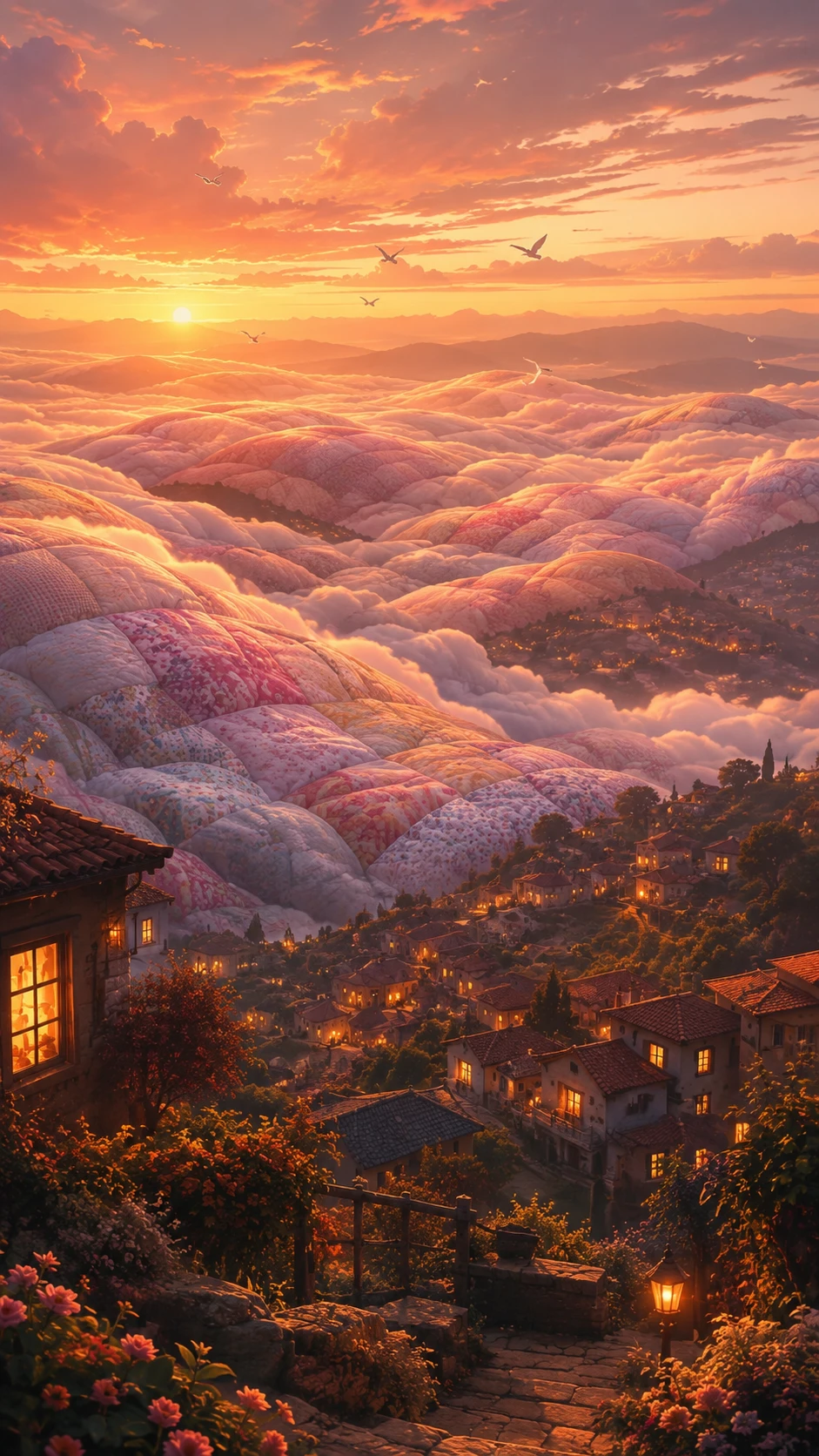 Sunset clouds wrapping gentle hills and quiet villages