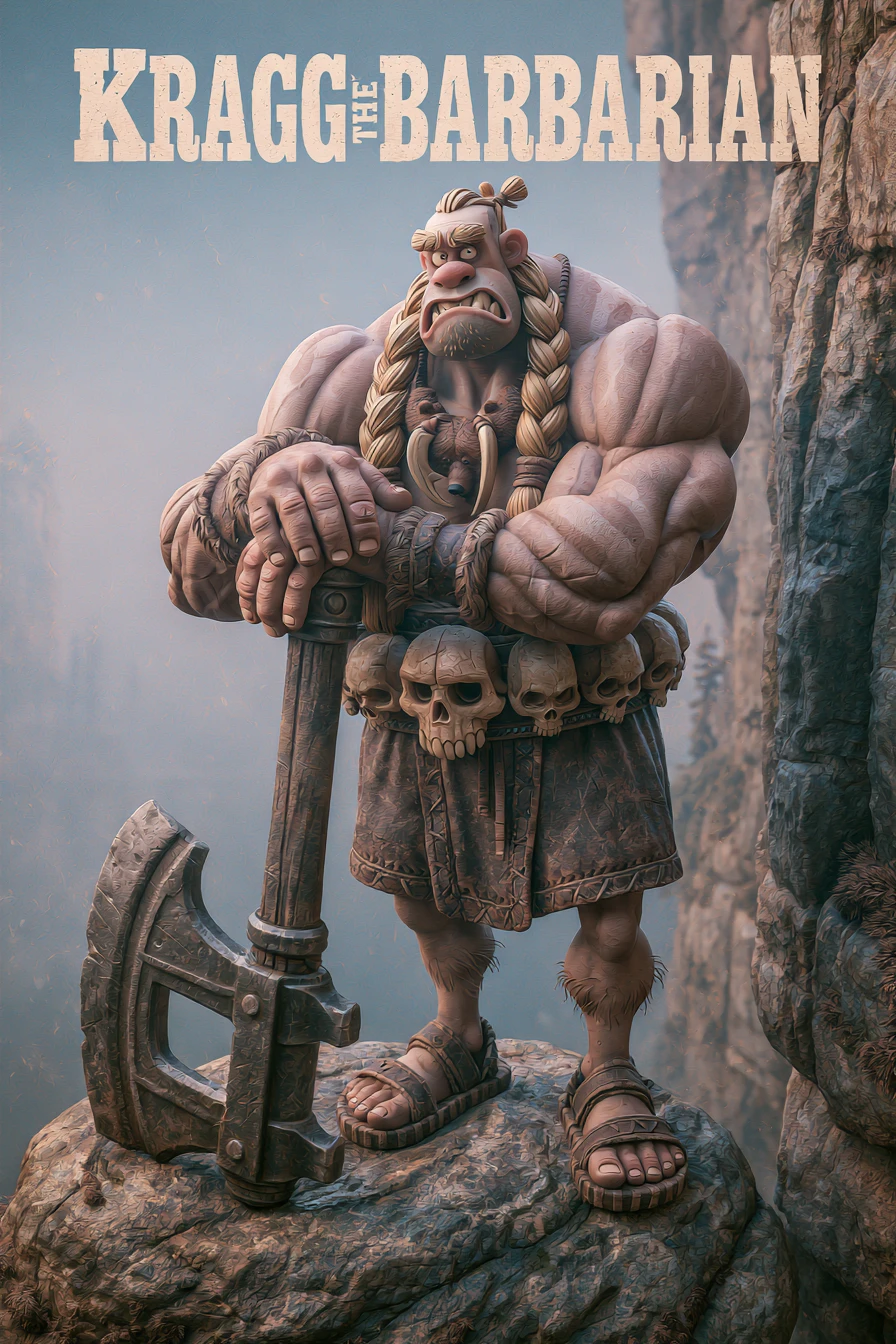 Muscular barbarian warrior on a cliff with battle axe
