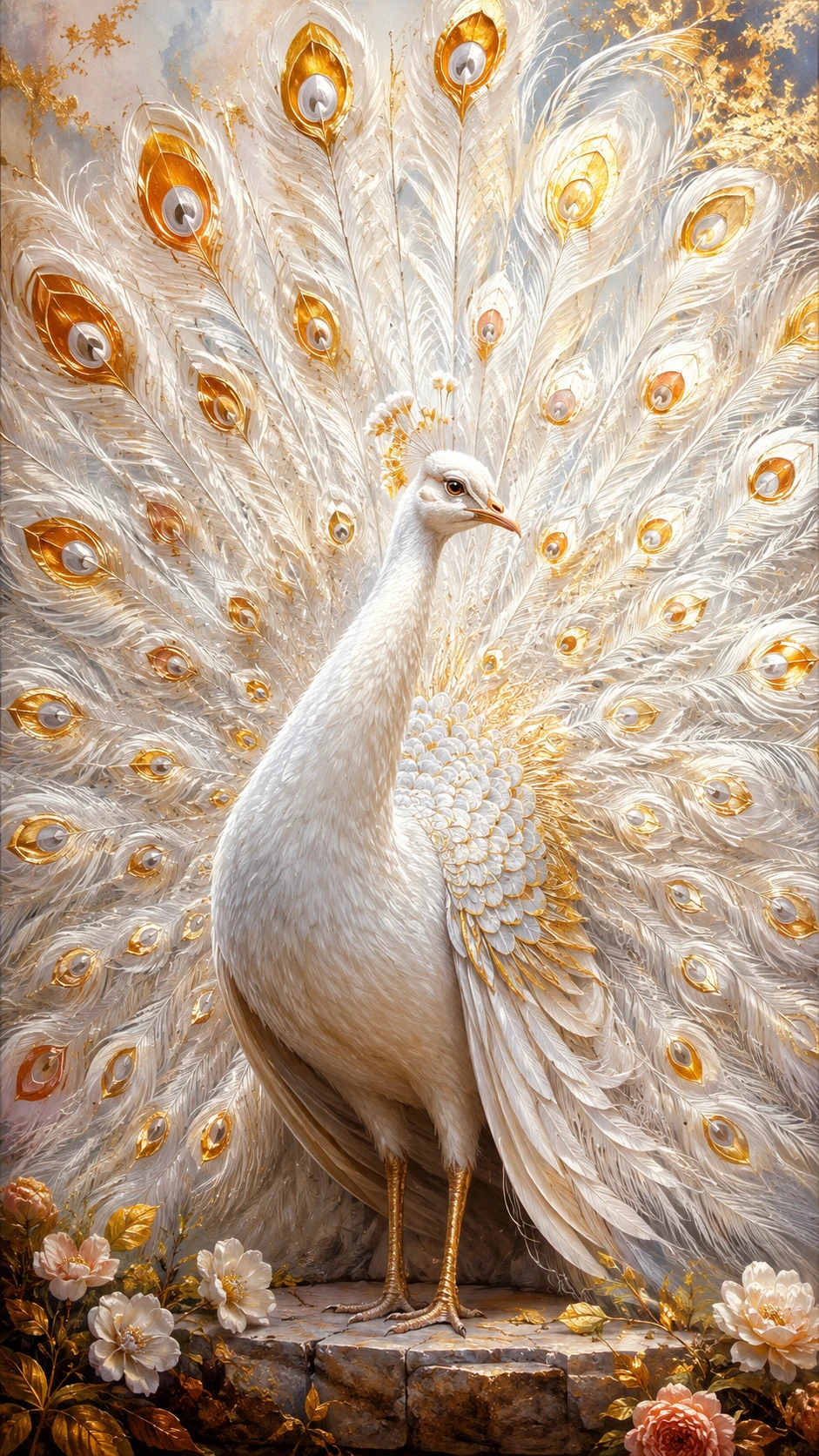 Majestuosa pintura de pavo real blanco con plumas vibrantes y relucientes