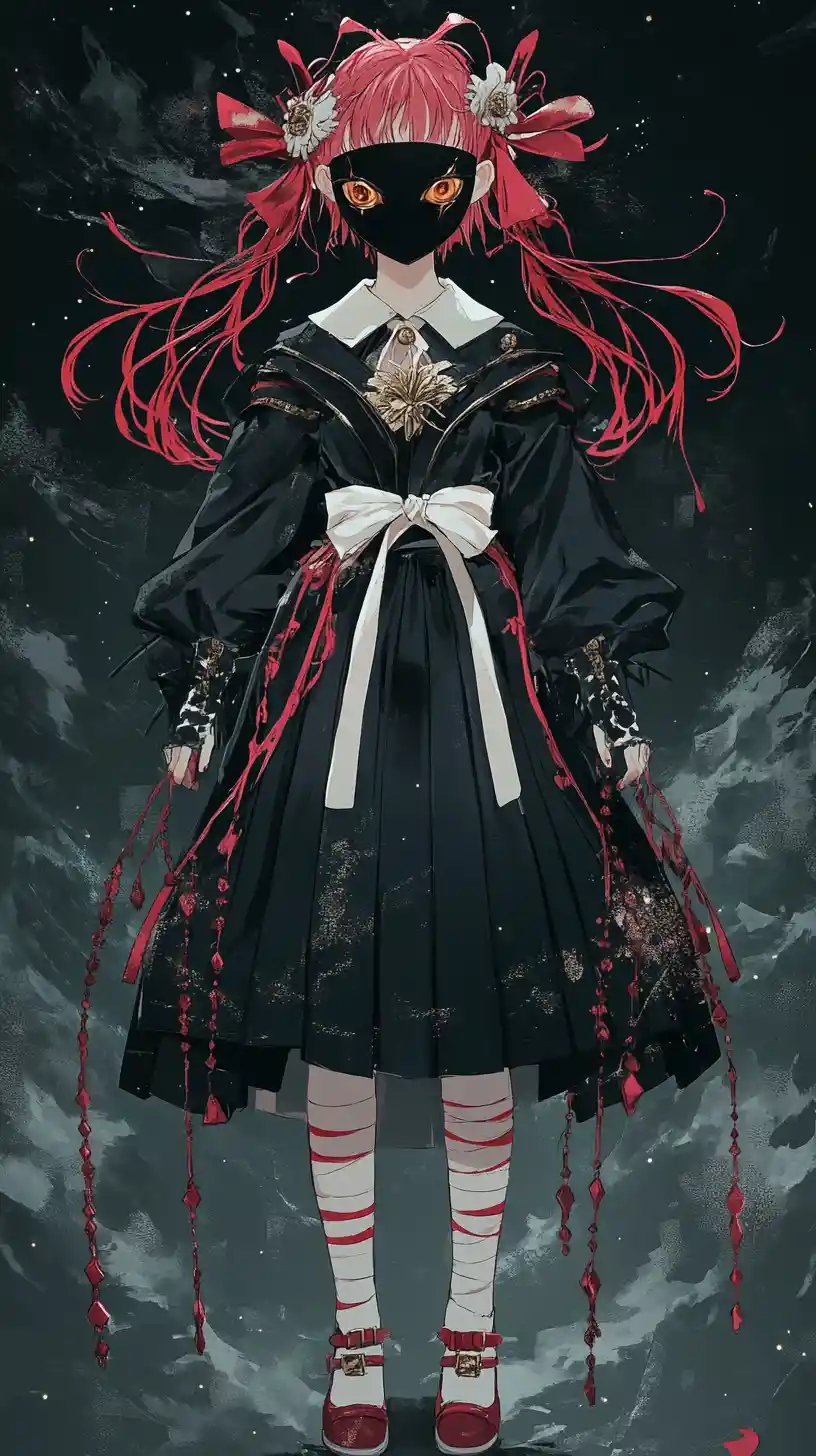 Anime girl in black coat with mask and crystal details