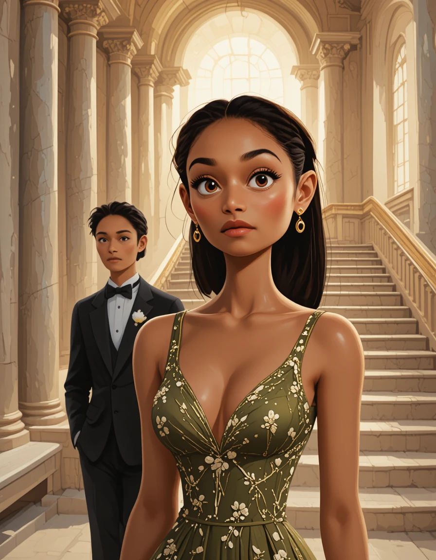 Chica animada elegante con vestido verde en una gran escalinata