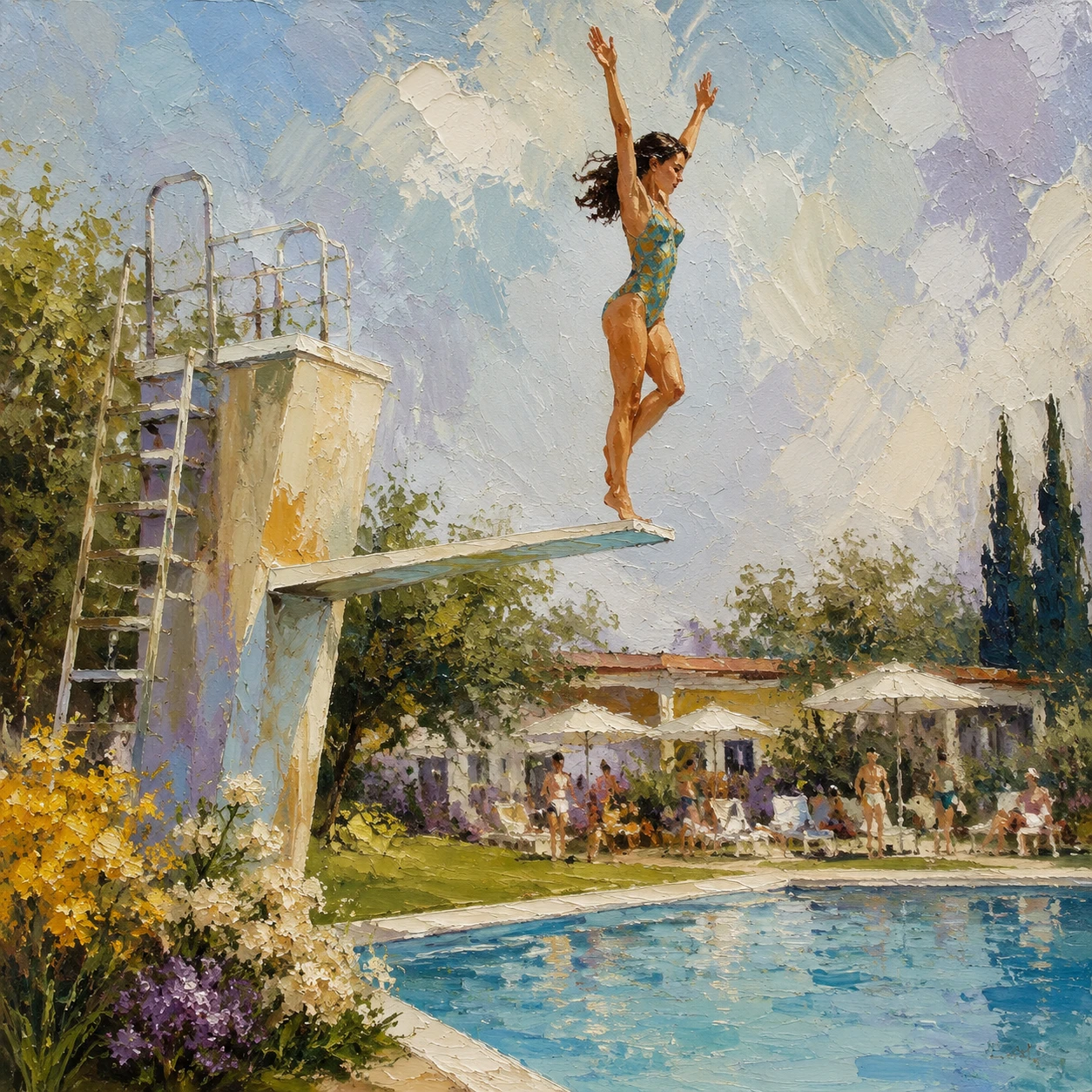 Niña zambulléndose desde el trampolín en una piscina soleada