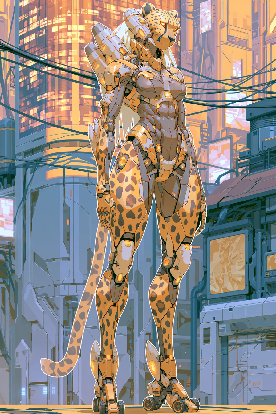 Mujer alta de anime con armadura en ciudad futurista