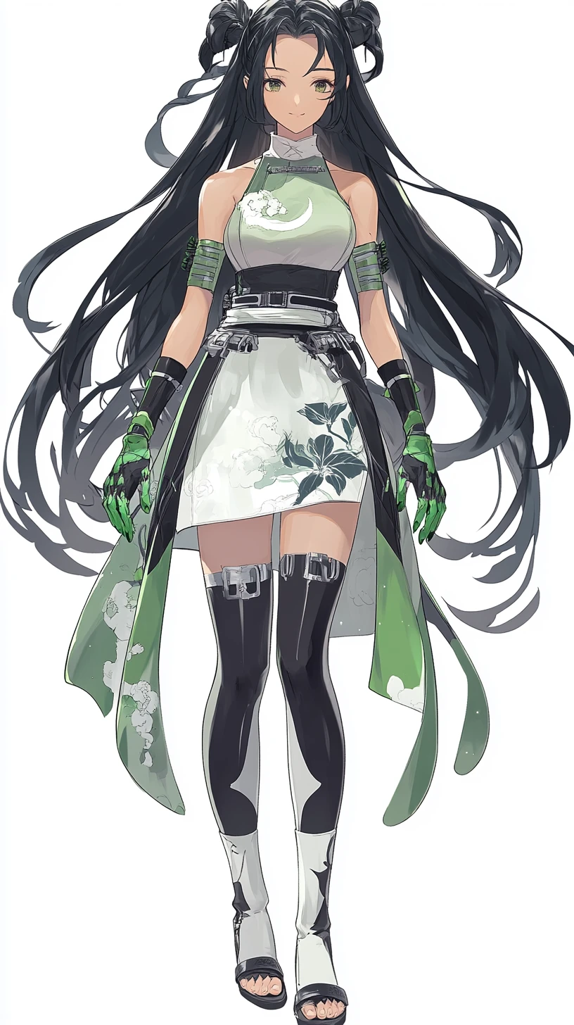 Fille d’anime avec jupe céleste et haut vert à motifs