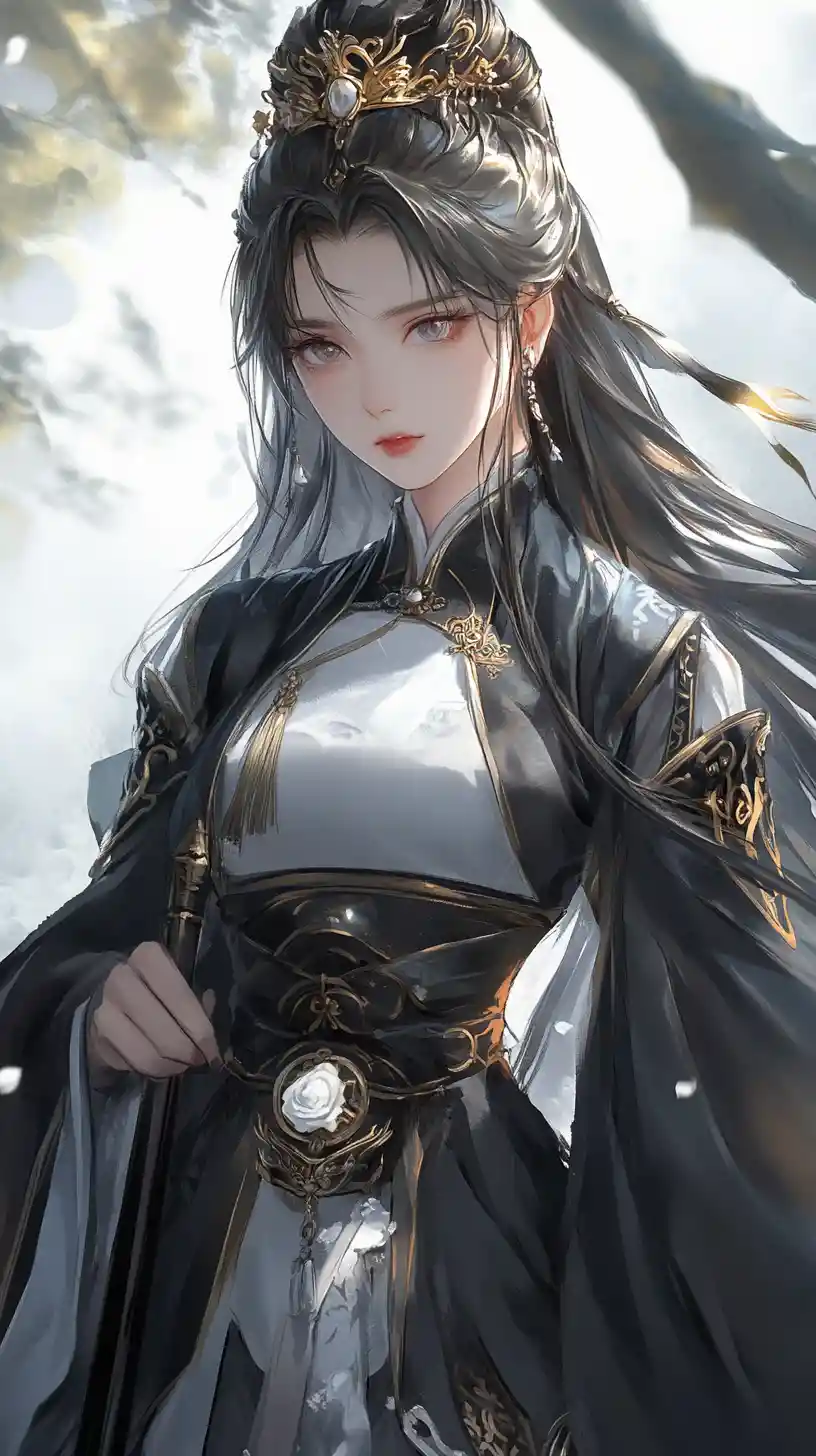 Elegant anime girl with staff and braided black hair