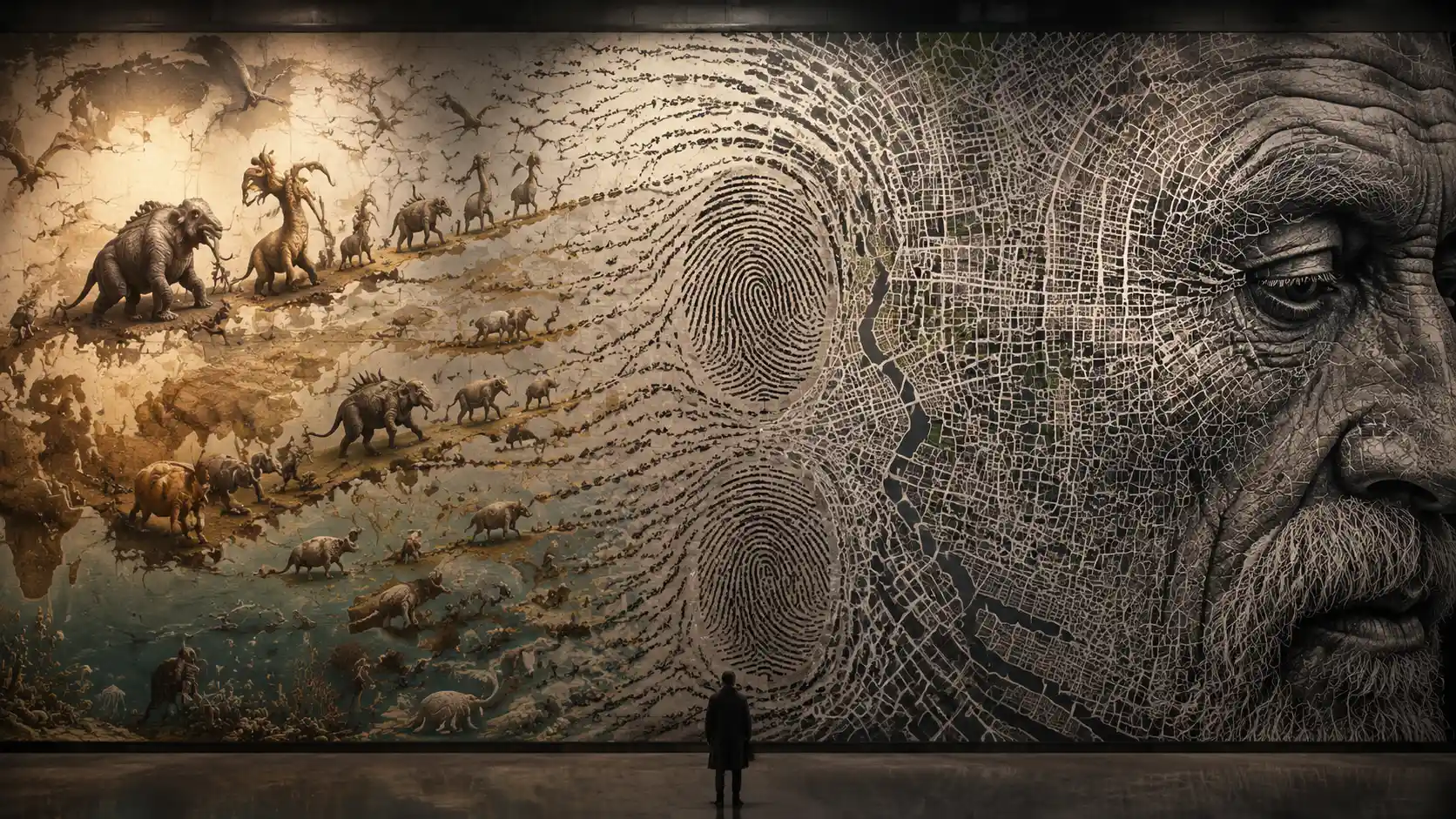 Enorme murale con animali del futuro che attraversano antichi continenti