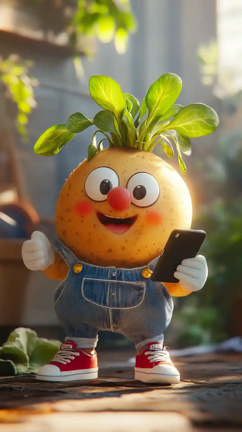スマホを持ったデニムのオーバーオール姿のポテトキャラクター