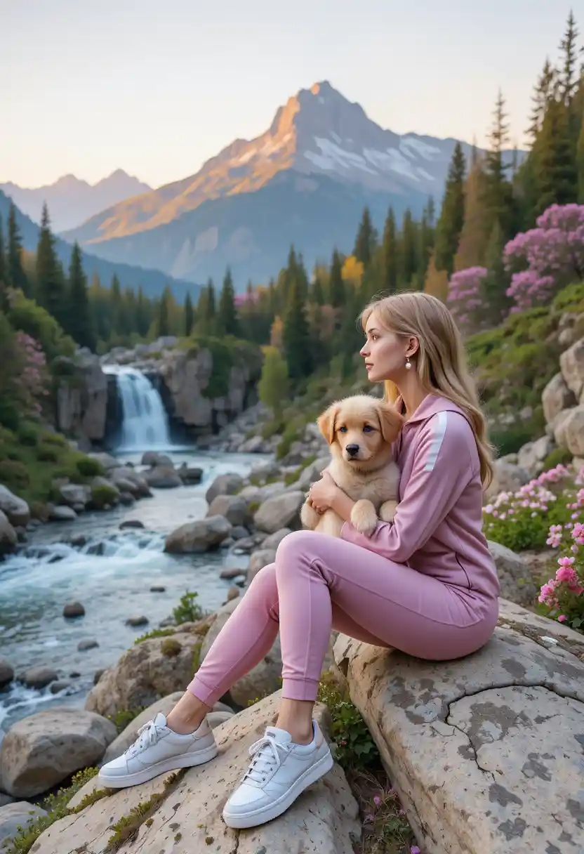 Girl with puppy by mountain river at sunrise in spring