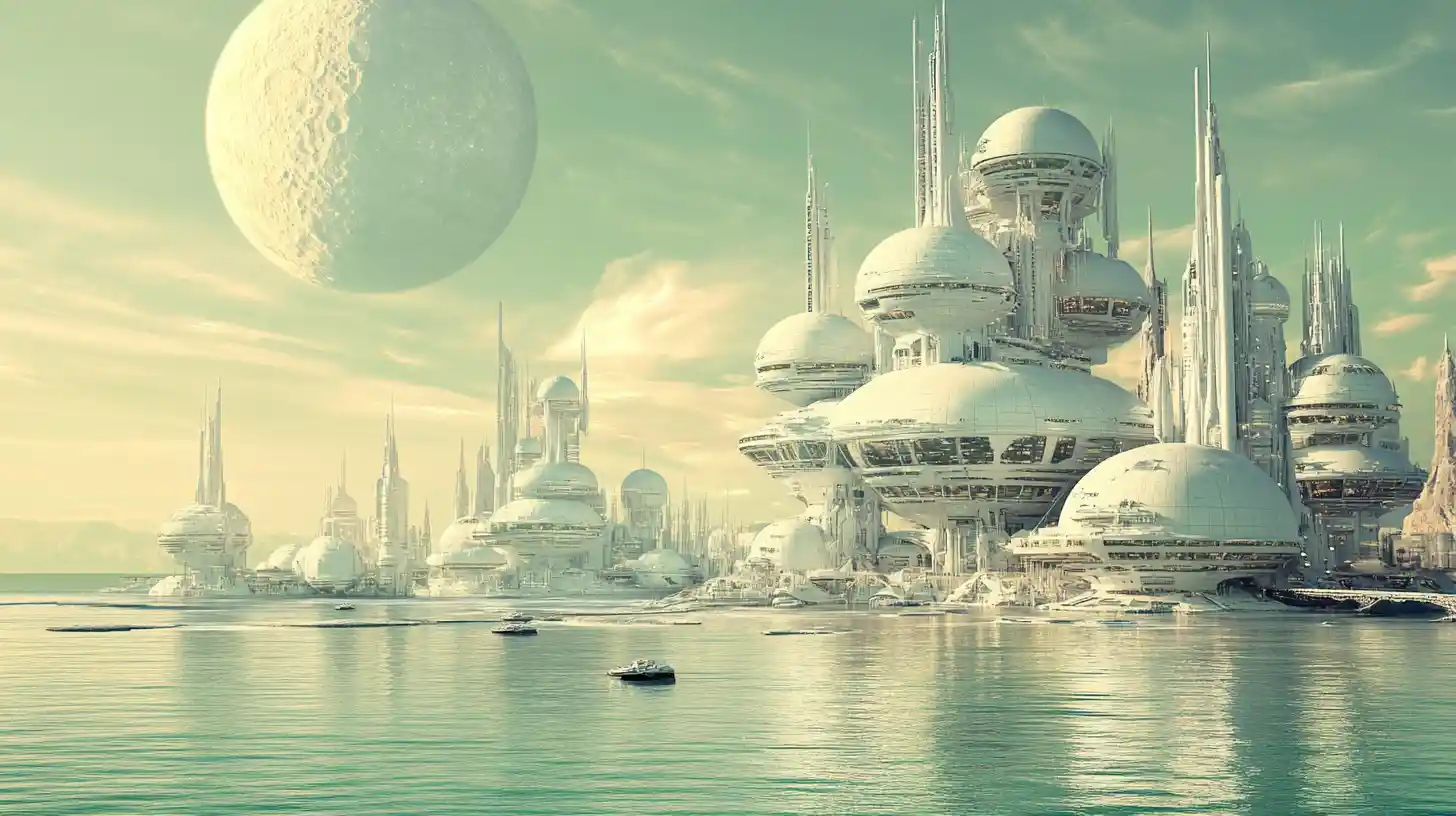 Floating alien city above a vast calm ocean