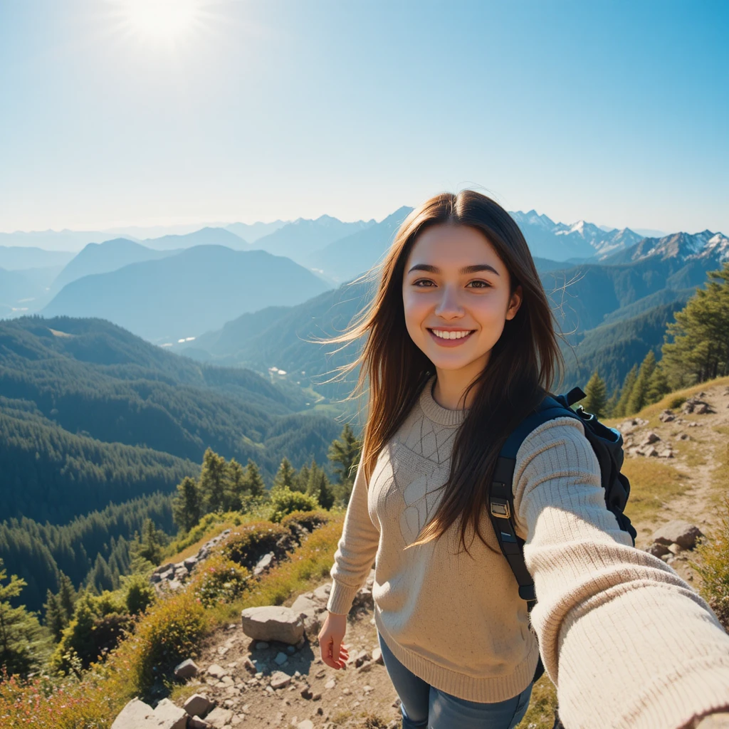 Joven mujer grabando un video selfie en un sendero de montaña soleado