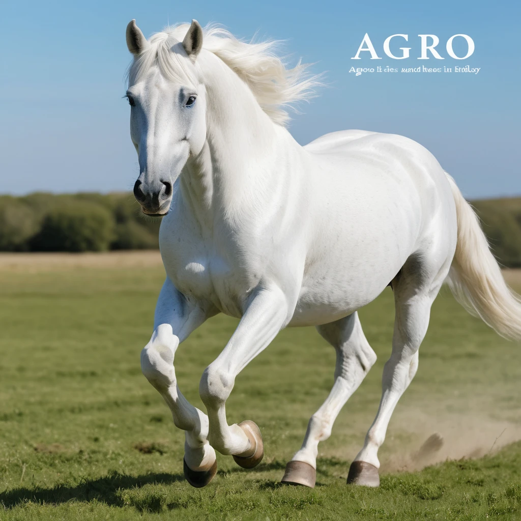 Cavallo bianco che corre in un campo aperto e soleggiato
