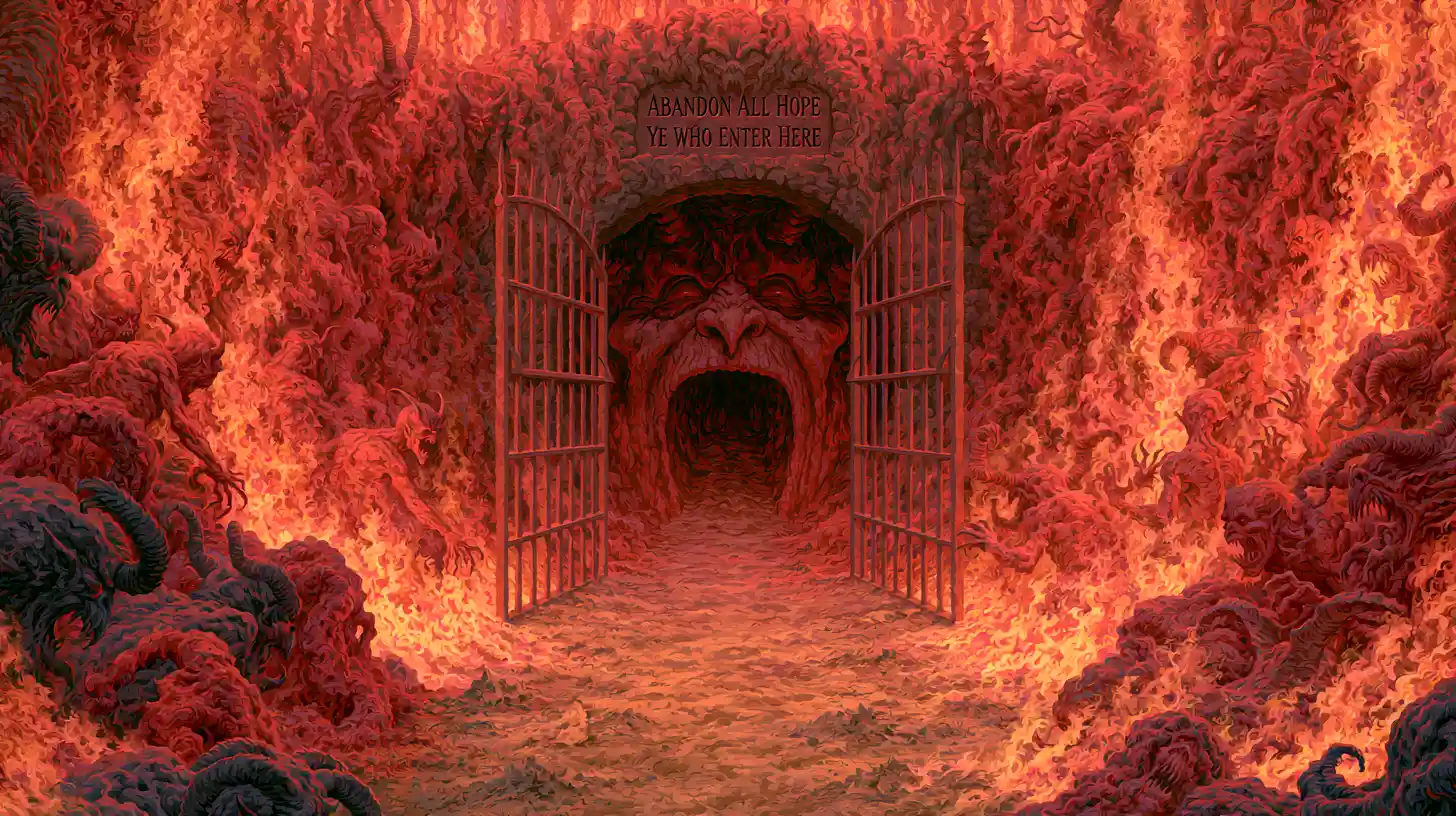 Desolate Path Leading To Fiery Demonic Gates Of Hell