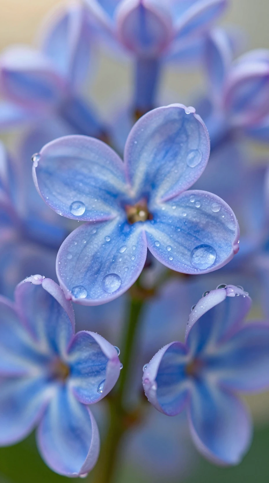 Flor de lila azul cubierta de rocío al amanecer en primer plano