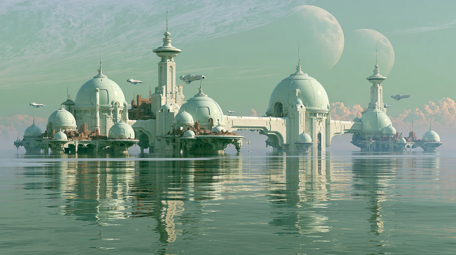 Vast floating alien city above a calm reflective ocean