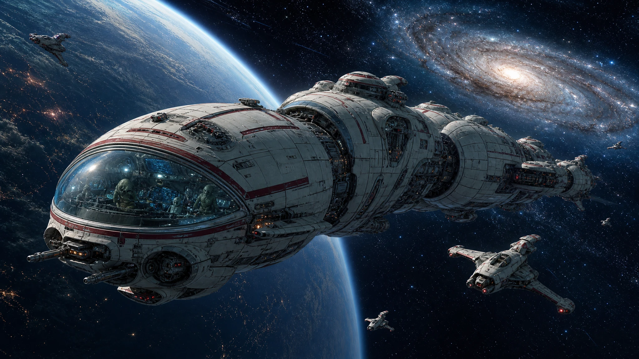 Alien cruiser slipping past a vast blue planet