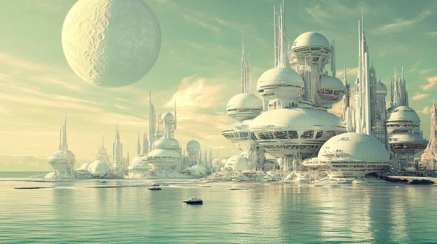 Floating alien city above a vast calm ocean