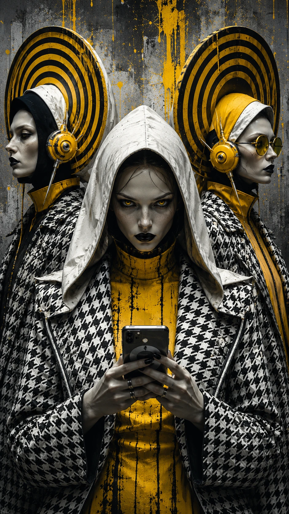 Futuristic fashion trio with halos and bold yellow accents