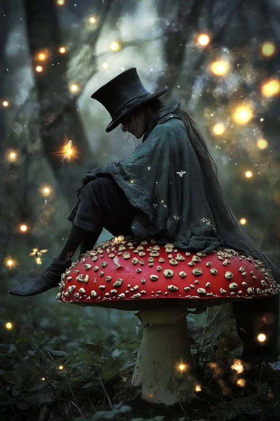 Esprit de la forêt sur champignon rouge sous la pleine lune lumineuse
