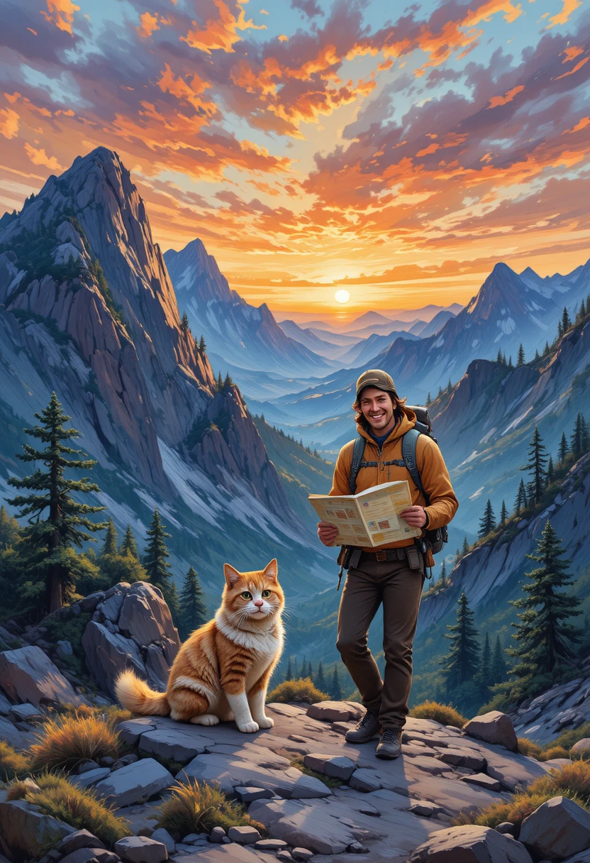 Gato y dueño haciendo senderismo por un paisaje montañoso escarpado al atardecer