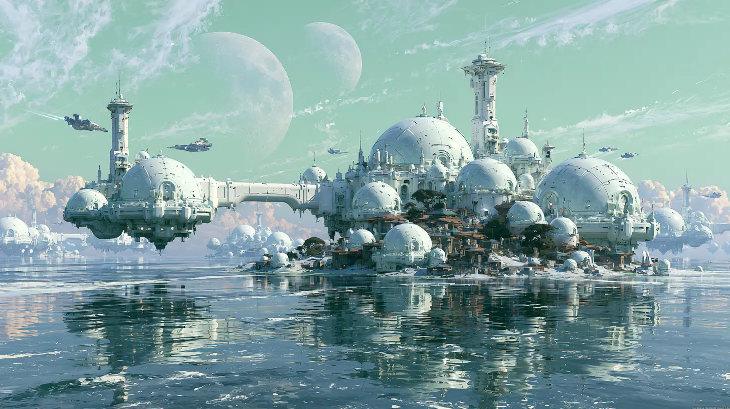 浩瀚外星城市漂浮在寧靜鏡面海洋之上