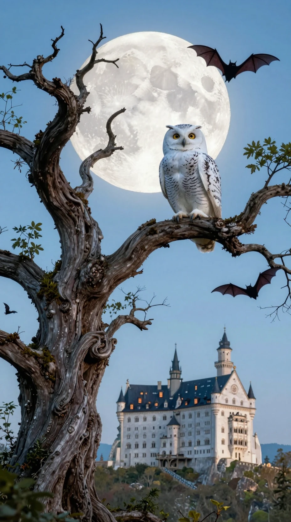 Búho blanco en árbol retorcido bajo la luna llena naciente