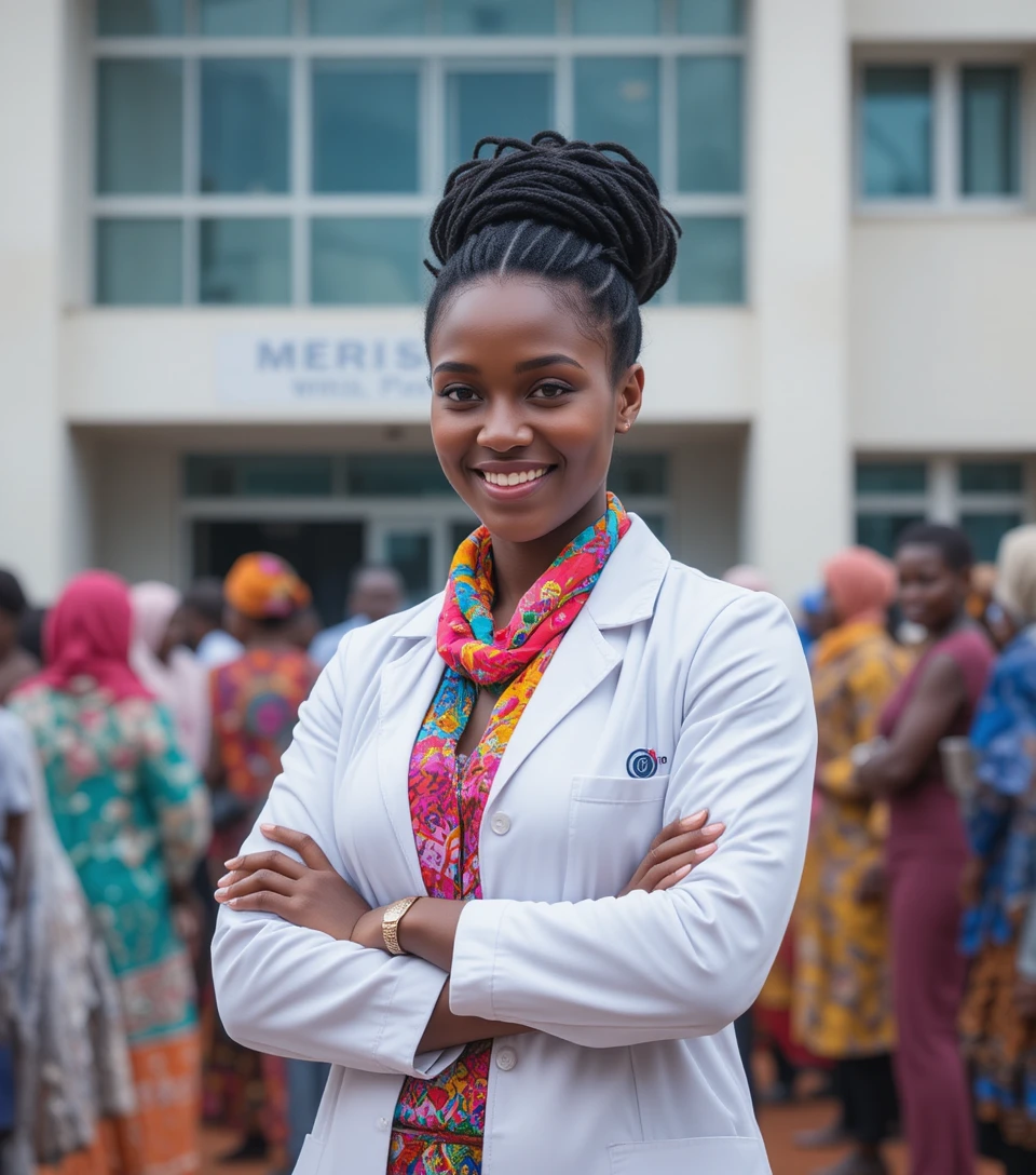 African medical scientist smiling before a modern laboratory