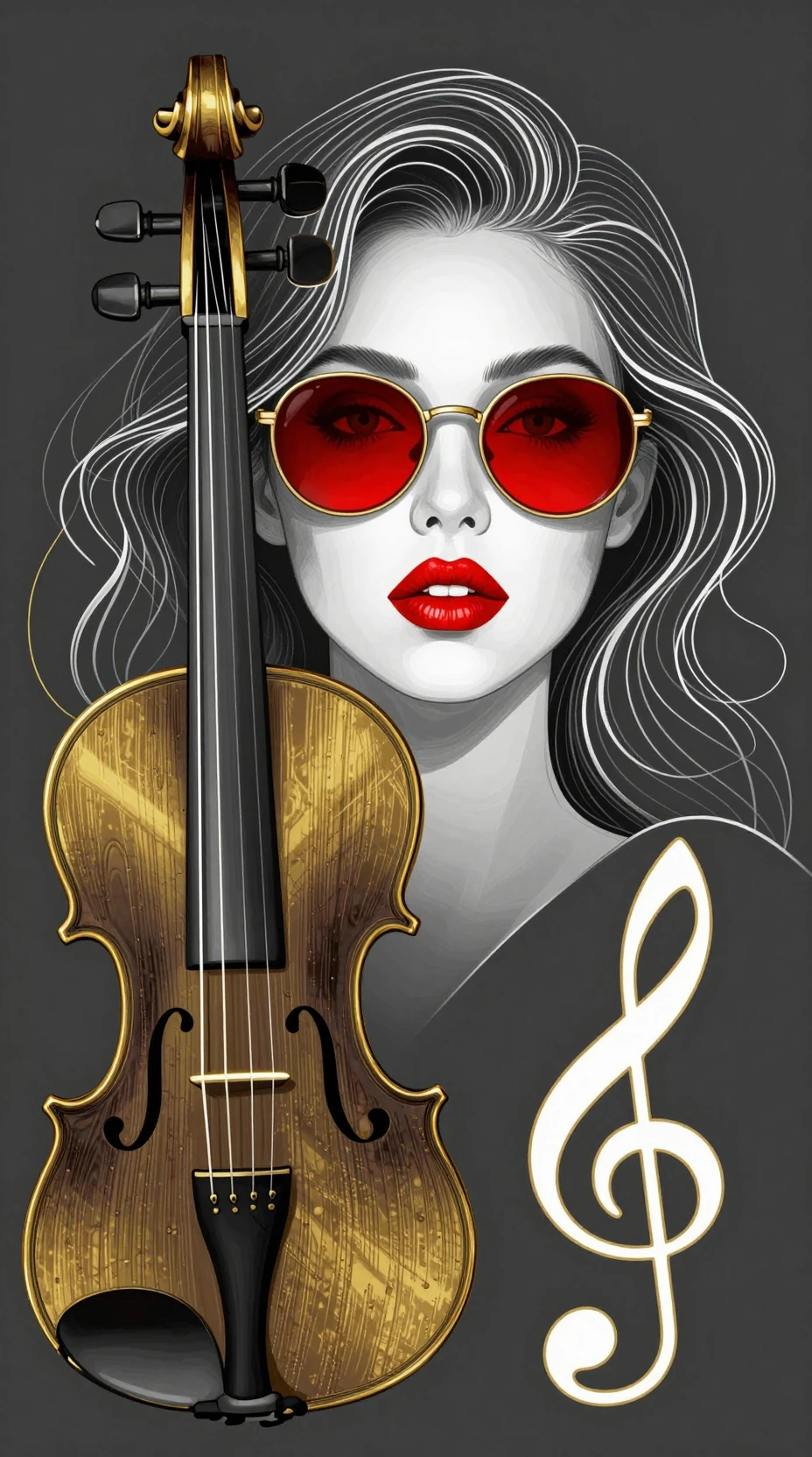Mujer surrealista fusionada con violín en estilo de arte lineal