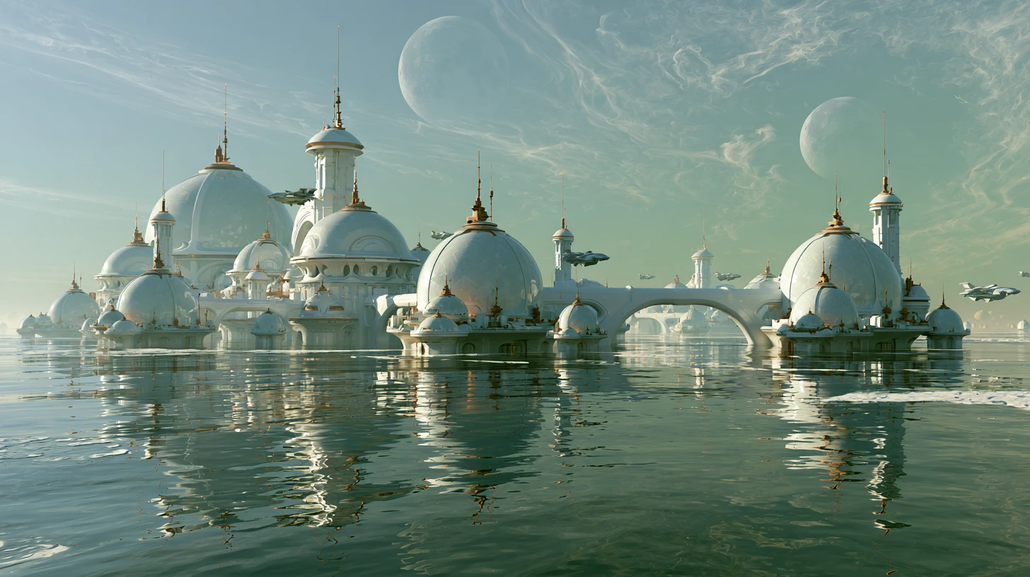 Futuristic alien city floating above a vast calm ocean