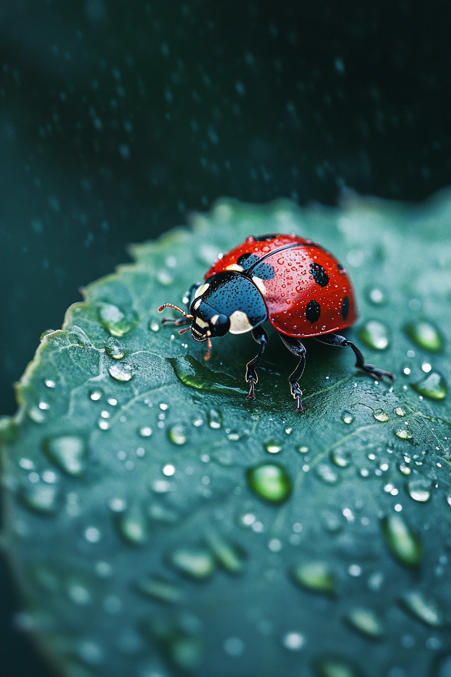 Coccinelle sur feuille verte sous une pluie légère en gros plan