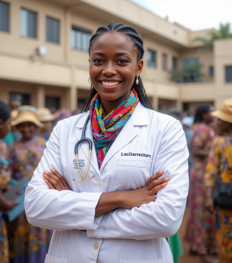 Científica africana sonriendo frente a un laboratorio moderno