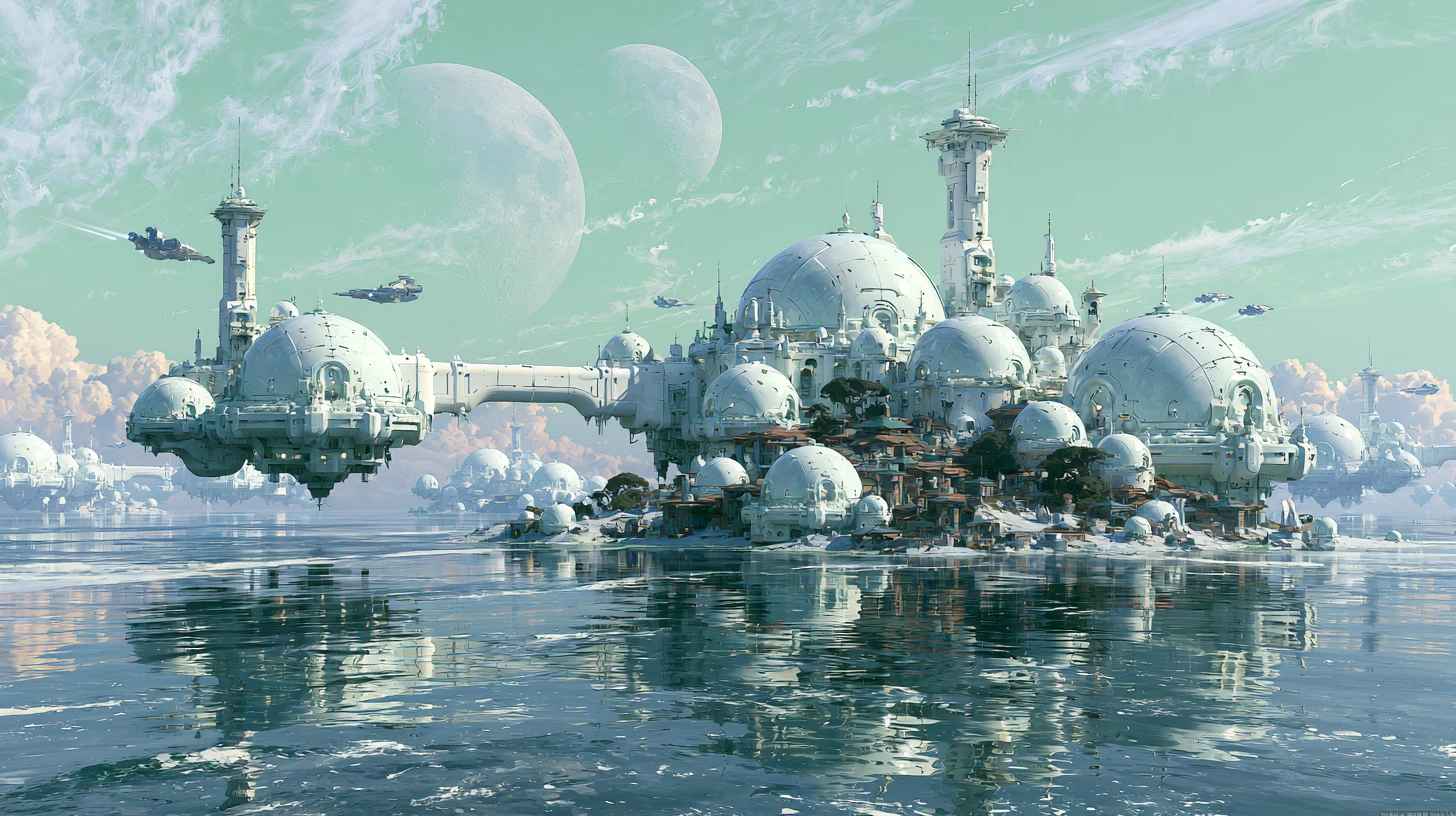 Enorme ciudad alienígena flotando sobre un océano calmo y reflejante