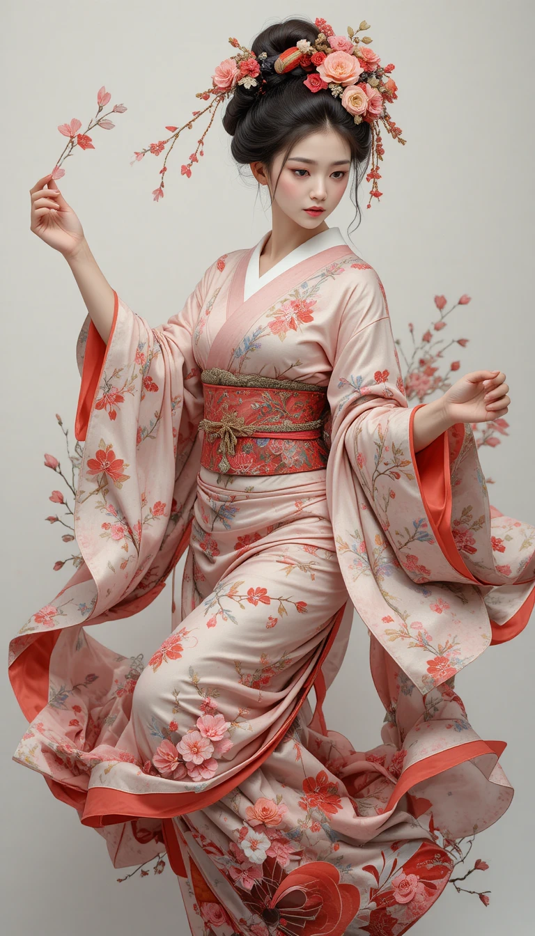 Geisha japonesa bailando con kimono tradicional en primer plano