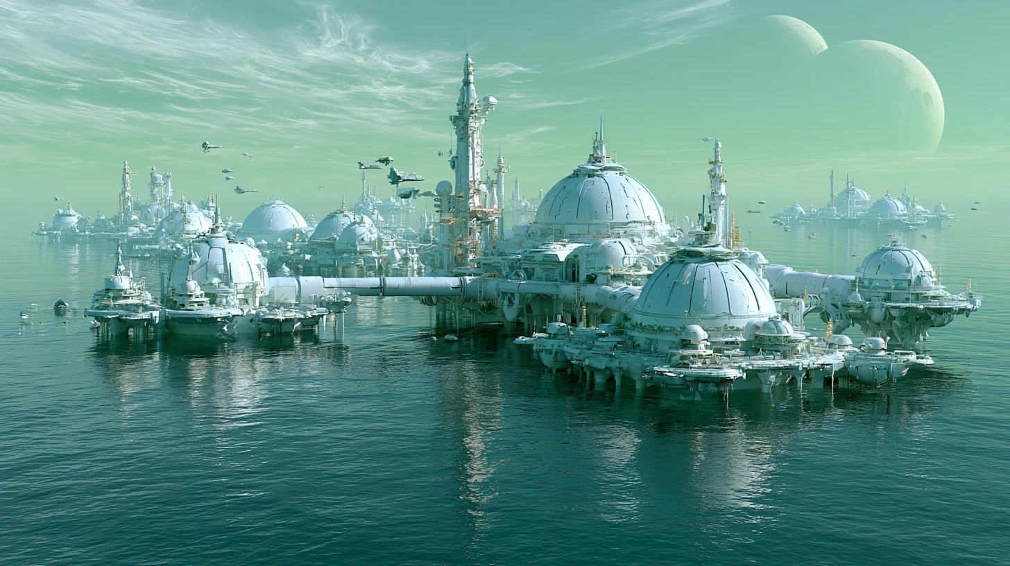 Floating alien city above a calm reflective ocean world