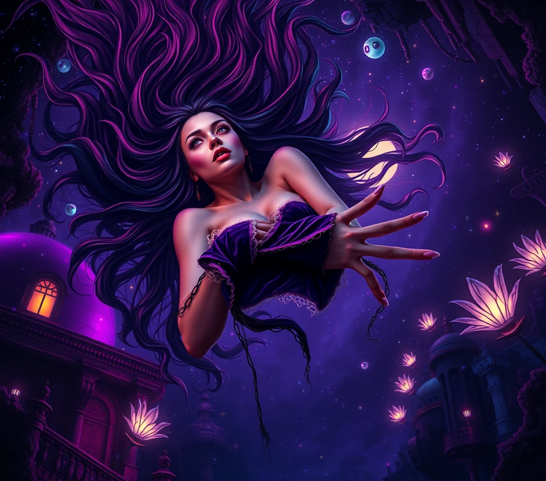 Mujer surrealista cayendo a través de un cielo nocturno cósmico estrellado